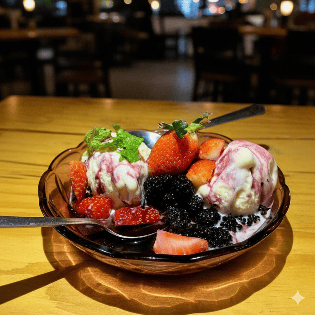 Sorvete com calda artesanal de frutas vermelhas