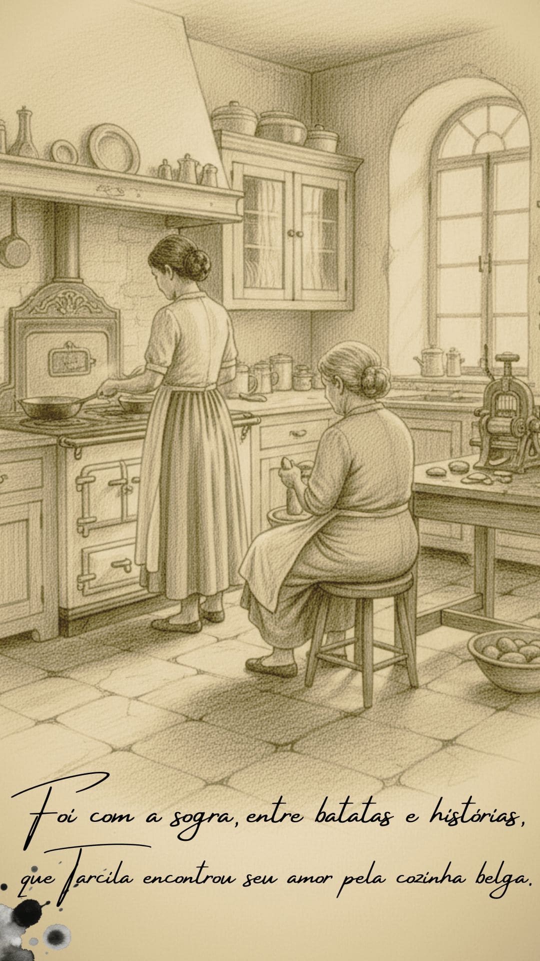 Tarcila aprendendo culinária belga com a sogra